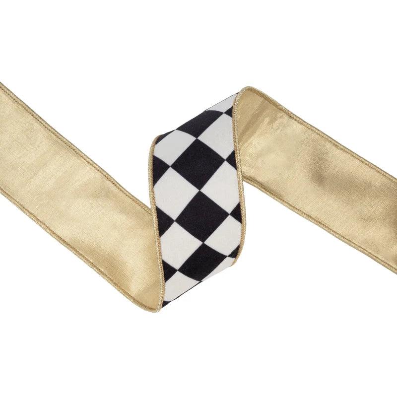 2.5"X10YD WIRED VELVET RIBBON - BLACK & WHITE RHOMBUS W/ METALLIC GOLD BACKING - 9839W-031-63E