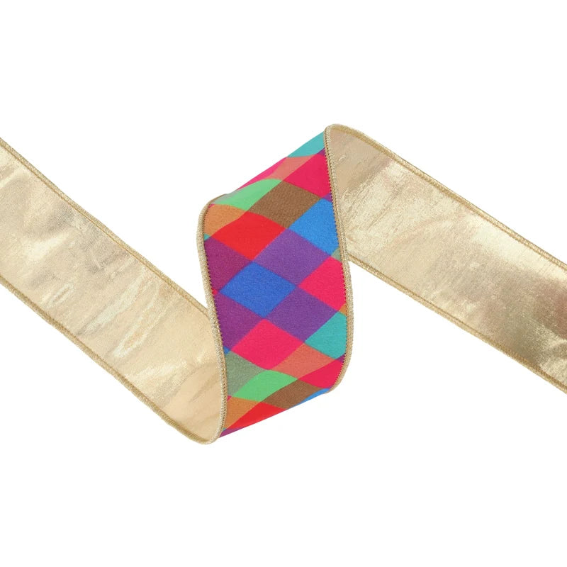 2.5"X10YD WIRED DUPIONI RIBBON - MULTI JEWEL TONE PLAID W/ GOLD FUSED DUPIONI BACKING - 9855W-023-63E