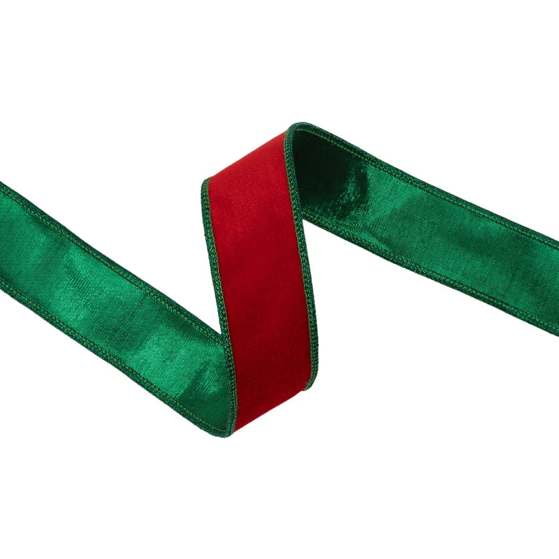 1.5"X10YD WIRED SOFT VELVET RIBBON - RED W/ METALLIC GREEN BACKING - 9867W-039-38E