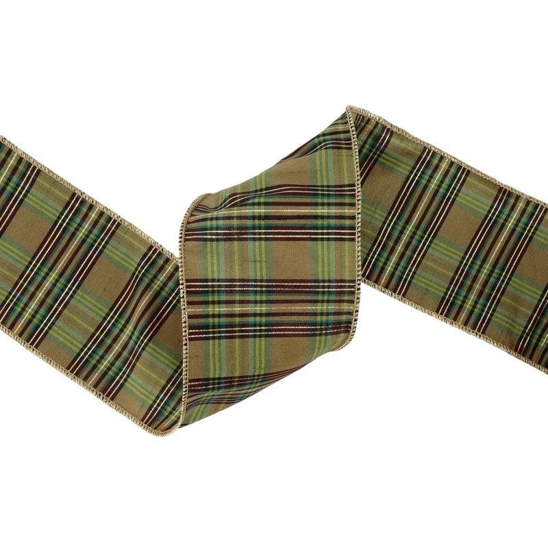 4"X10YD WIRED RIBBON - GREEN METALLIC PLAID - 9870W-587-100E
