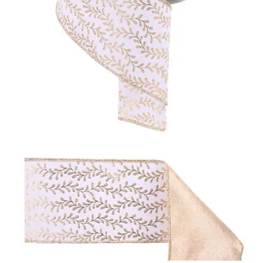 4"X10YD FOIL LEAF GARLAND/FUSED - D'LUX RIBBON - WHITE/GOLD - LX3143C6