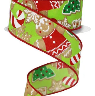 1.5"X10YD GINGERBREAD COOKIES - LIME/BROWN/EMERALD/WHITE - RGE188433