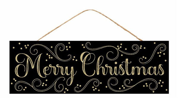 15"L X  5"H MERRY CHRISTMAS/SWIRLS SIGN - BLACK/GOLD - AP787202