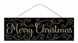 15"L X  5"H MERRY CHRISTMAS/SWIRLS SIGN - BLACK/GOLD - AP787202