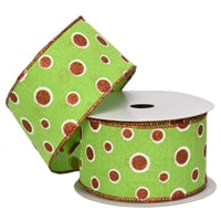 2.5"X10YD LIME W/ WHITE OUTLINE RED GLITTER POLKA DOTS & RED EDGE - DC16005