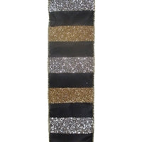 2.5"X10YD LARGE GLITTER STRIPED SILVER/GILD WITH BLACK BACKING RIBBON - DC19607