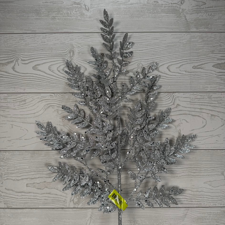 GLITTER FERN SPRAY X5 H28 - SILVER - 86927SV * G