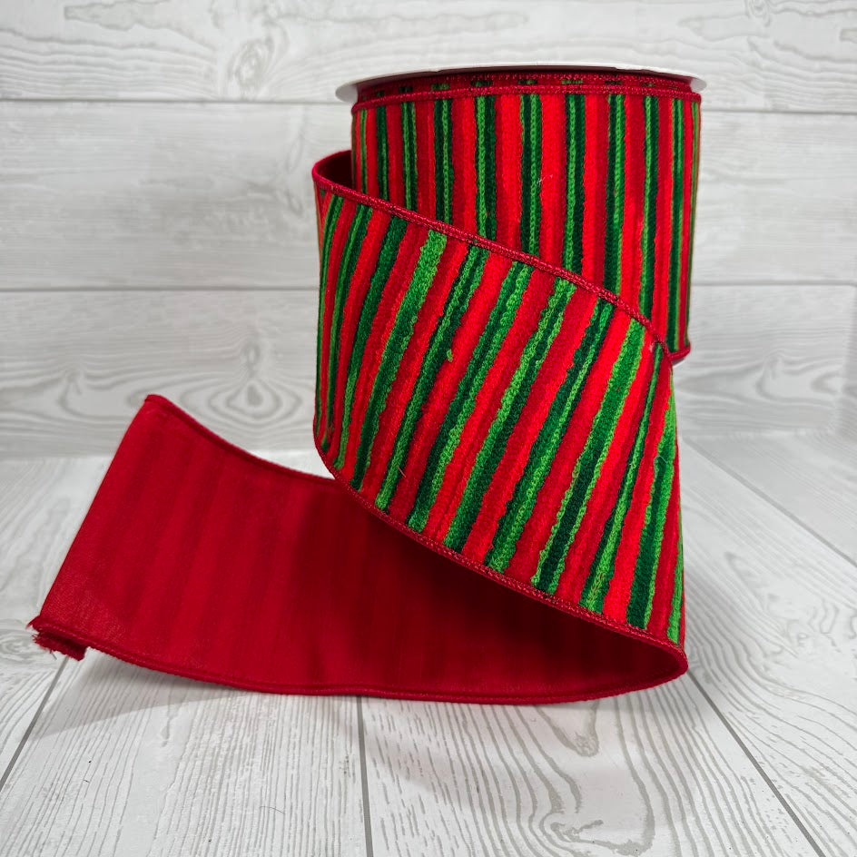 4"X10YD GREEN AND RED STRIPE EMBROIDERY ON RED DUPIONI - DCR5850