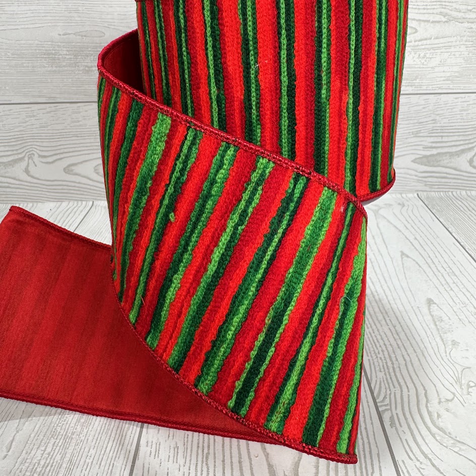 4"X10YD GREEN AND RED STRIPE EMBROIDERY ON RED DUPIONI - DCR5850