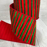 4"X10YD GREEN AND RED STRIPE EMBROIDERY ON RED DUPIONI - DCR5850