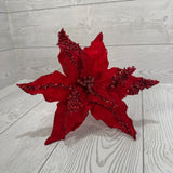 10"D GLITTER VELVET POINSETTIA W/ CLIP - X26472-RED *RD