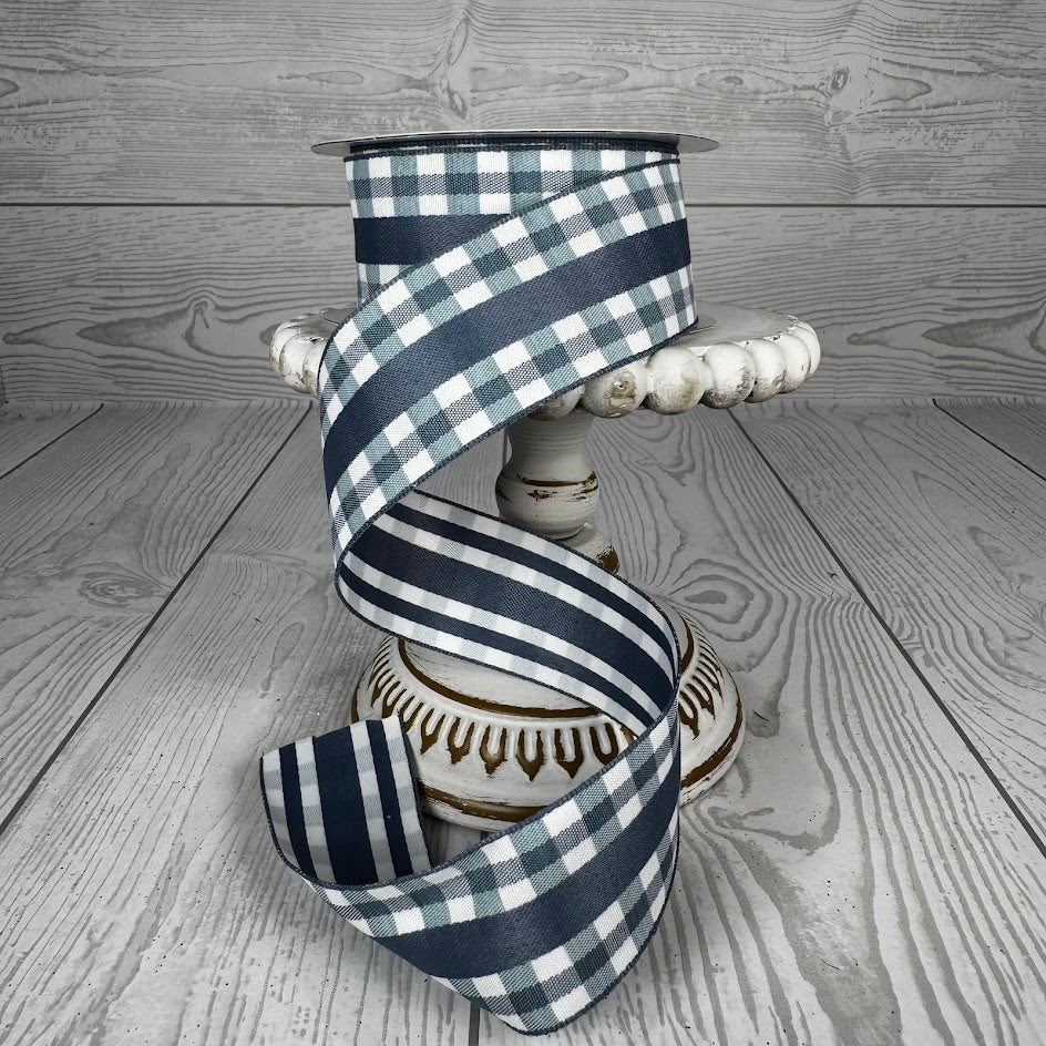 1.5"X10YD MINI GINGHAM PRINT WITH STRIPE - SMOKE BLUE/WHITE - RW810874