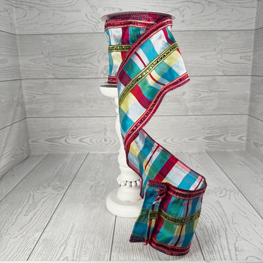 4"X10YD MULTI PLAID RIBBON WITH SEQUINS - BLUE/PINK/GREEN/YELLOW - DCR2A0840