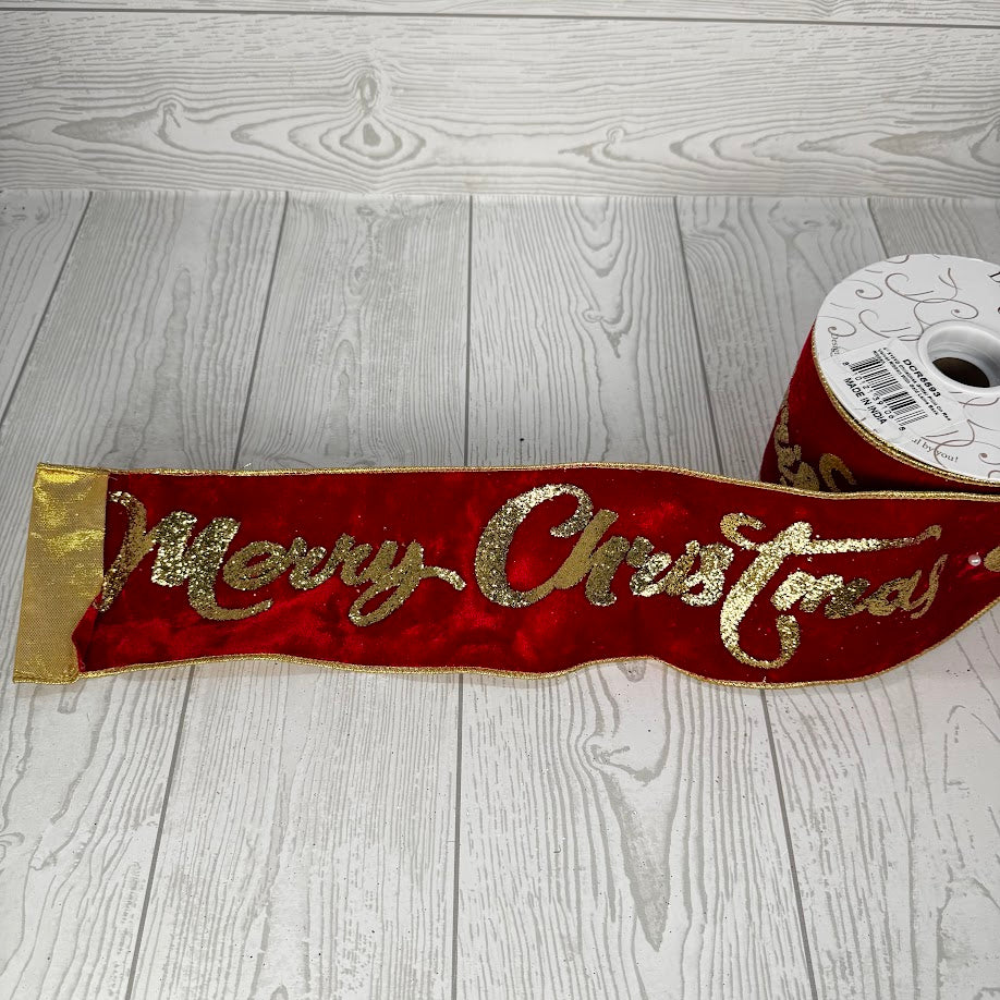 4"X10YD CHIRSTMAS GLITTER PRINT ON VELVET RIBBON - RED/GOLD - DCR5593