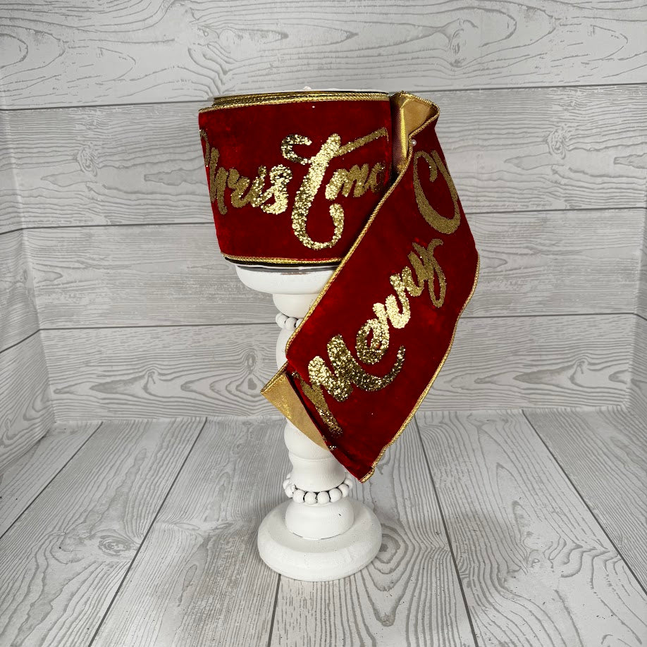4"X10YD CHIRSTMAS GLITTER PRINT ON VELVET RIBBON - RED/GOLD - DCR5593