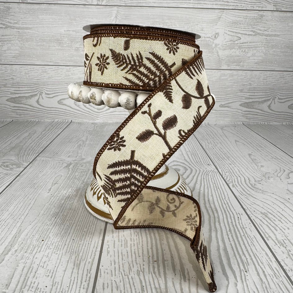 1.5"X10YD EMBROIDERED GREENERY - TAN/BROWN - RGB17733R