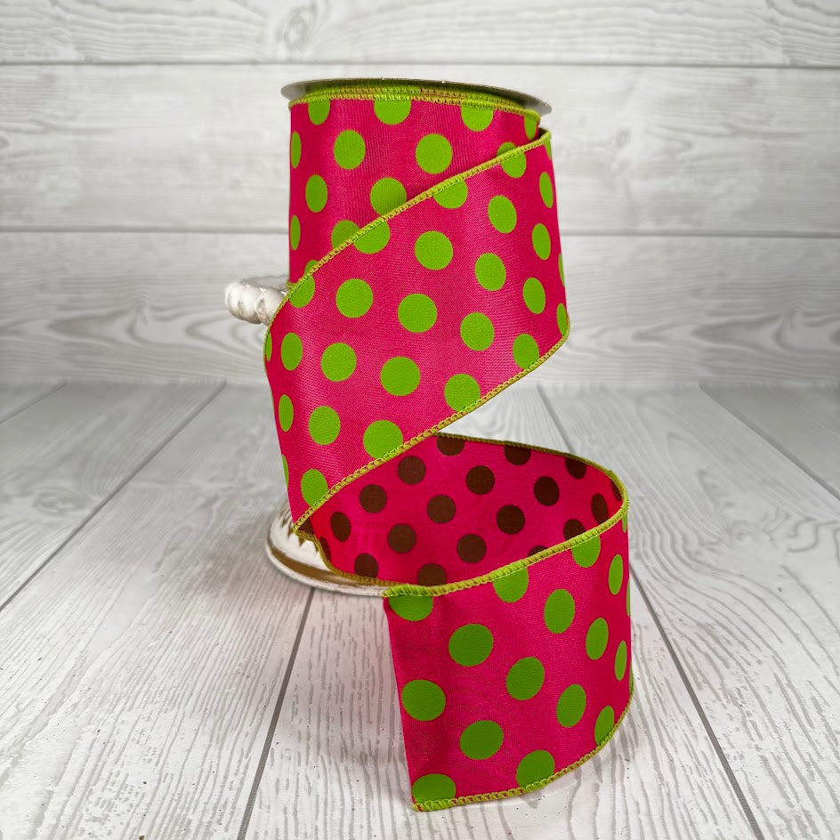 2.5"X10YD LARGE POLKA DOT - PINK/GREEN - RG1588AW