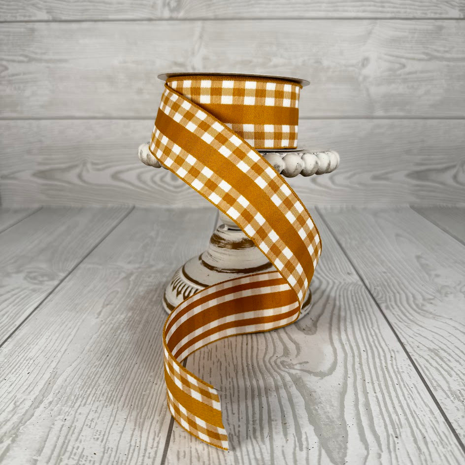 1.5"X10YD GINGHAM WITH CENTER STRIPE - DARK YELLOW/WHITE - RW810882