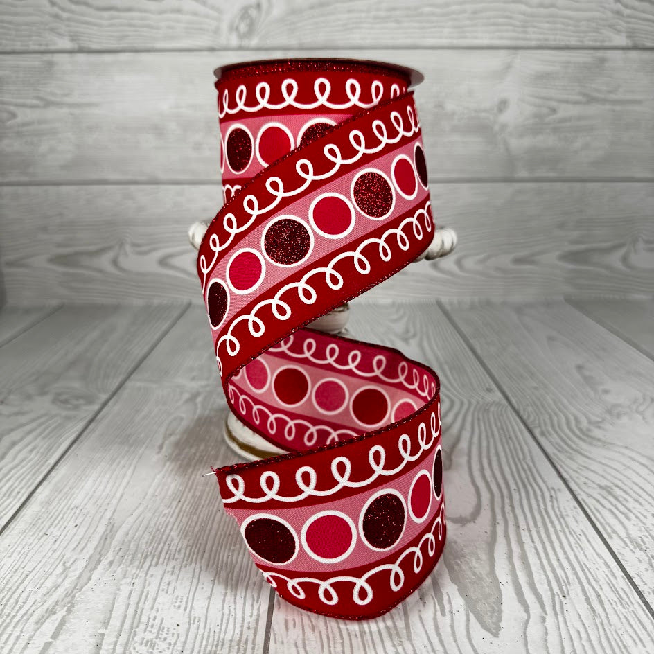 2.5"X10YD STRIPE GLITTER CIRCLE W/ LOOPS - PINK/RED/WHITE - RGE1068Y1