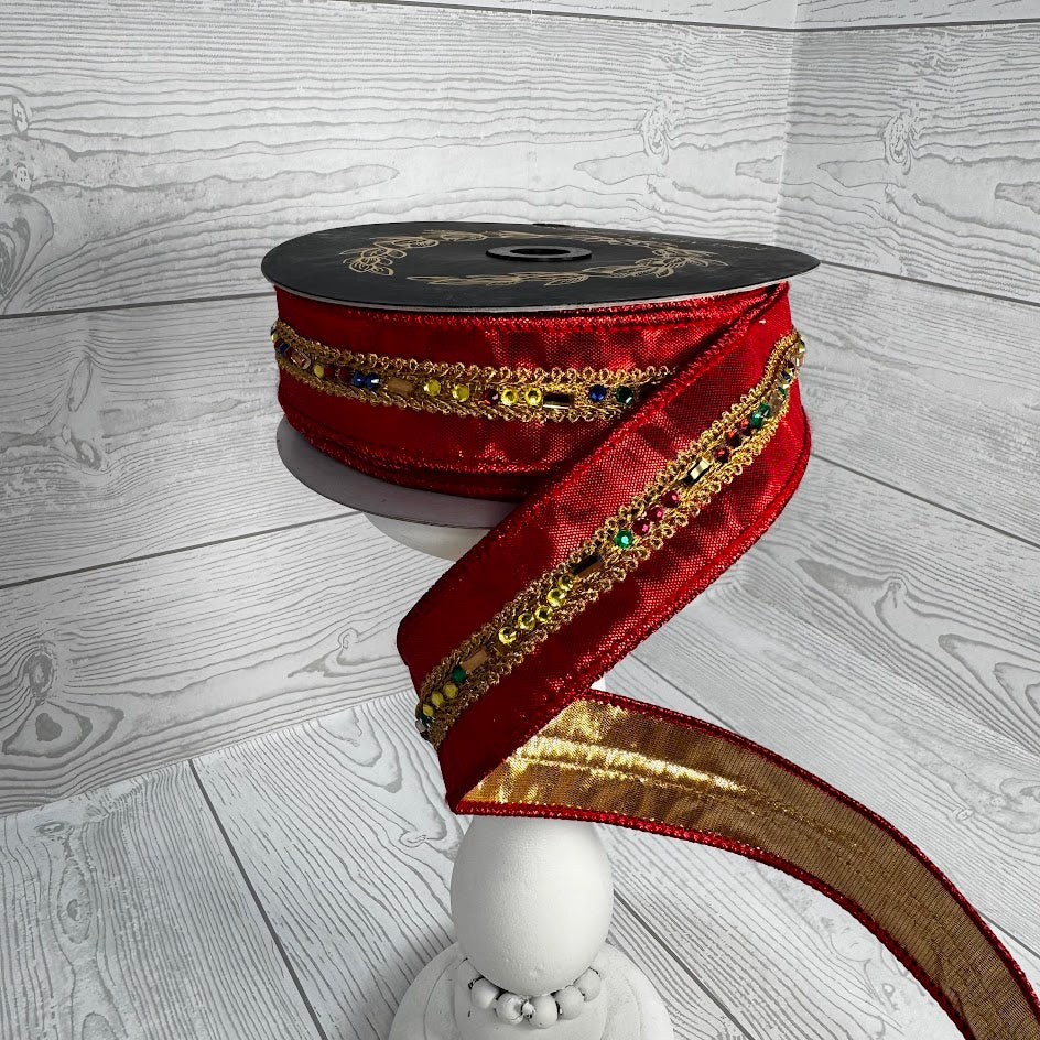1.5"X10YD MULTI JEWELED TRIM METALLIC DUPION DBL FUSED RED - JME - JME-WN25-184-RED-1.5