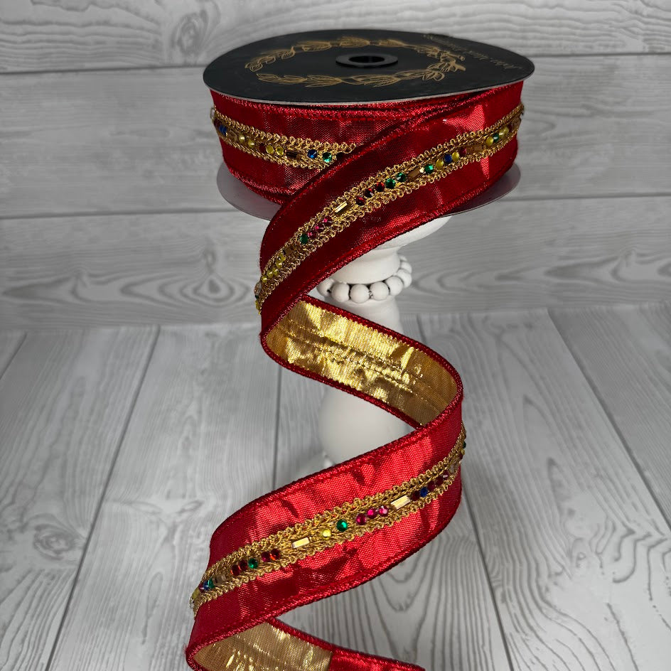 1.5"X10YD MULTI JEWELED TRIM METALLIC DUPION DBL FUSED RED - JME - JME-WN25-184-RED-1.5