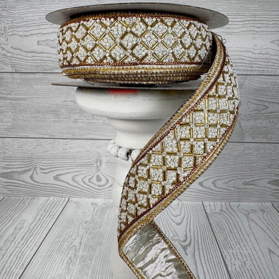 1.5"X5YD BEADED TRIM METALLIC DUPION - IVORY/GOLD - JME - JME-WN25-079-IVORY-1.5