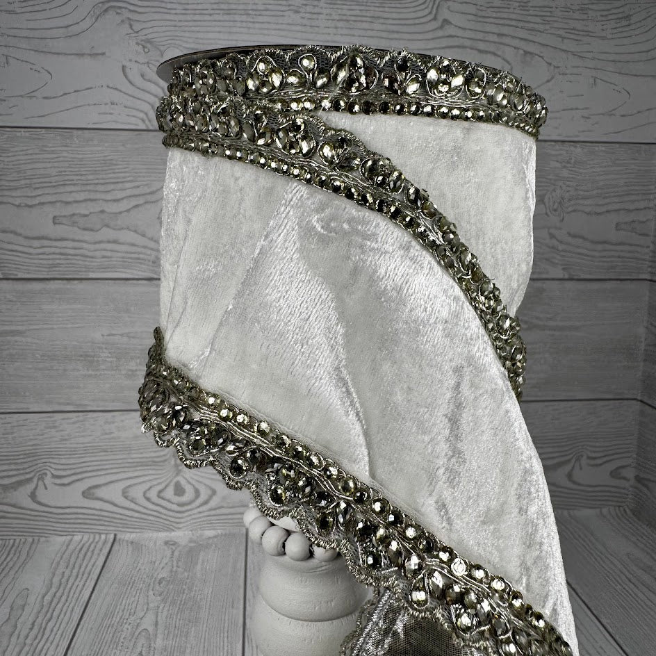 4"X5YD WHITE VELVET METALLIC SILVER DUPION W/JEWELED TRIM - JME - JME-WN25-077-W-4