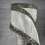4"X5YD WHITE VELVET METALLIC SILVER DUPION W/JEWELED TRIM - JME - JME-WN25-077-W-4