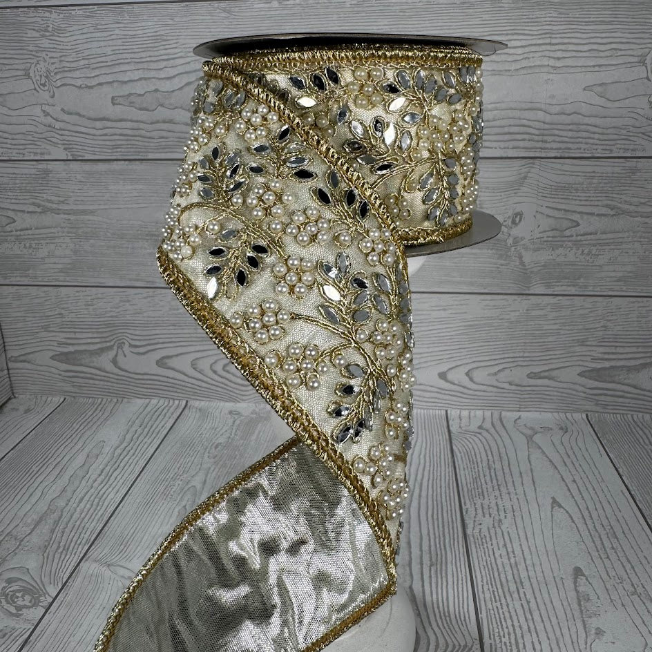2.5"X5YD JEWELED PEARL MIRROR TRIM - GOLD/PLANTINUM - JME - JME-WN25-082-GOLD-2.5