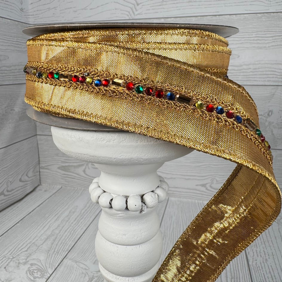 1.5"X10YD MULTI JEWELED TRIM METALLIC DUPION DBL FUSED GOLD - JME - JME-WN25-184-GOLD-1.5