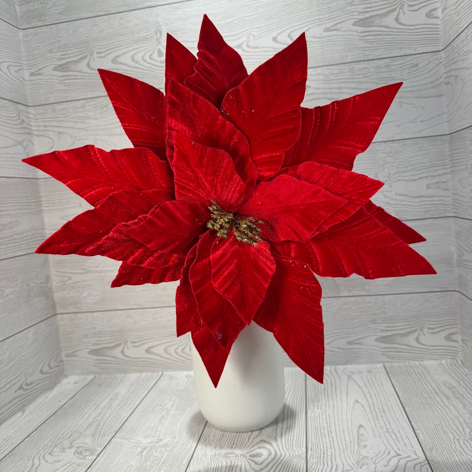 15IN VELVET POINSETTIA STEM - RED - 40474 * G