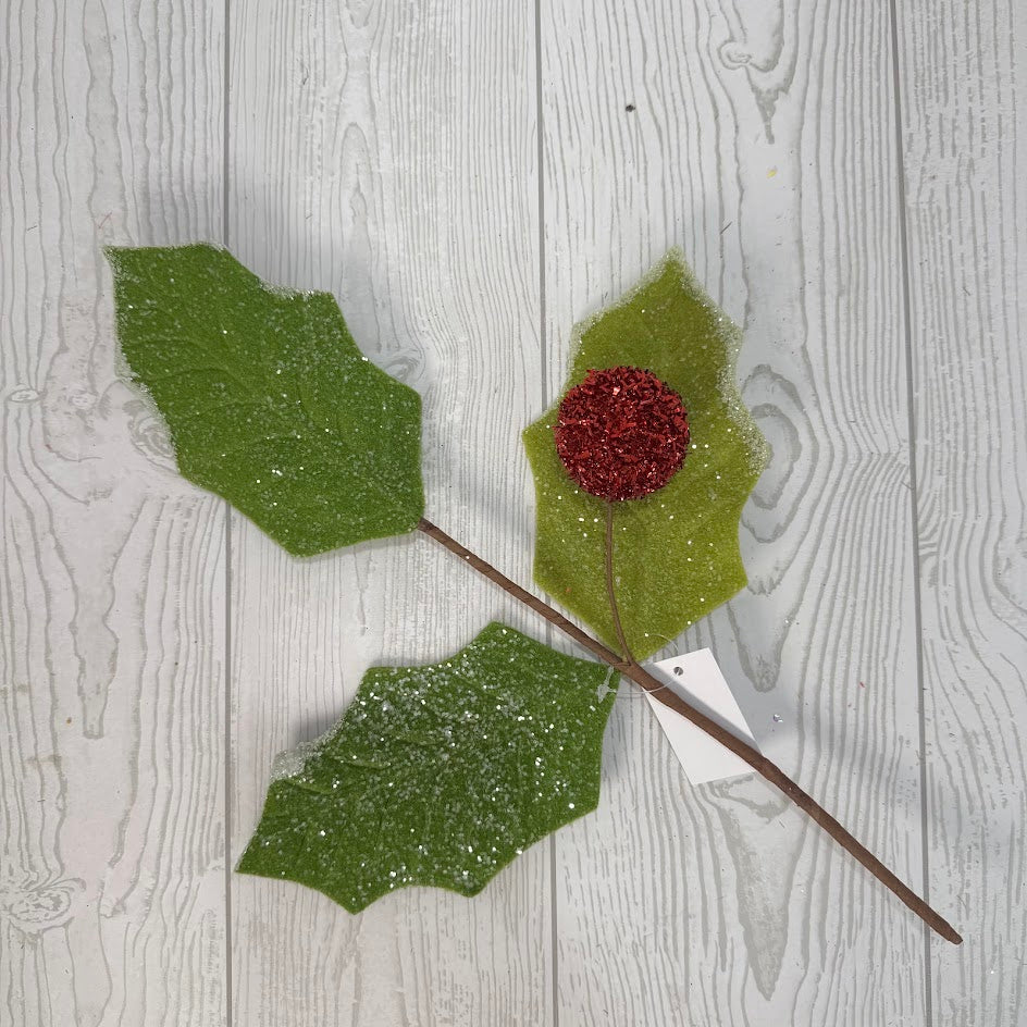 15.5IN GLITTER HOLLY LEAF PICK - 40464 * G