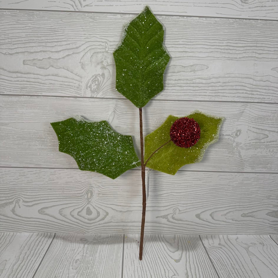 15.5IN GLITTER HOLLY LEAF PICK - 40464 * G