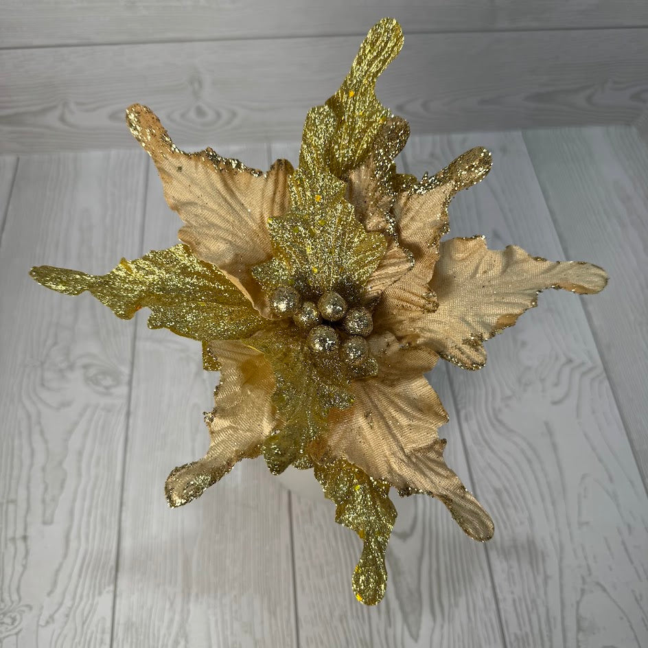 11IN VELVET/GLITTER POINSETTIA SPRAY - GOLD - X24424-GOLD * G