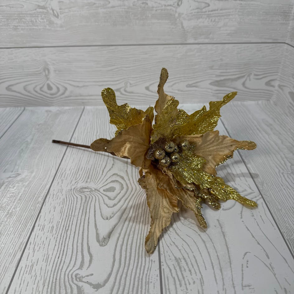 11IN VELVET/GLITTER POINSETTIA SPRAY - GOLD - X24424-GOLD * G