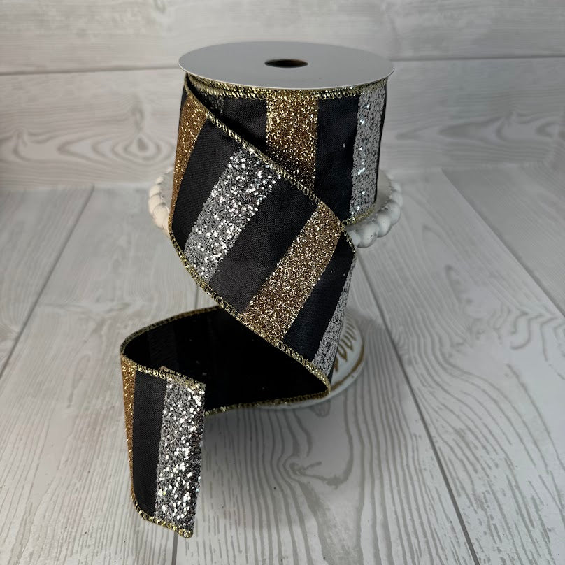 2.5"X10YD LARGE GLITTER STRIPED SILVER/GILD WITH BLACK BACKING RIBBON - DC19607