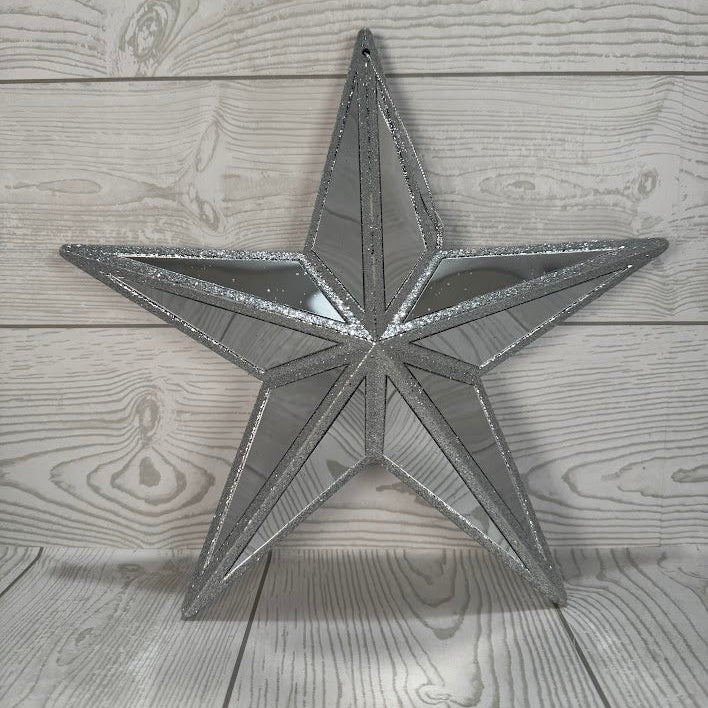 PLASTIC MIRROR STAR GLITTER ORNAMENT - SILVER 11x10.6x3" - DCORN5403SL