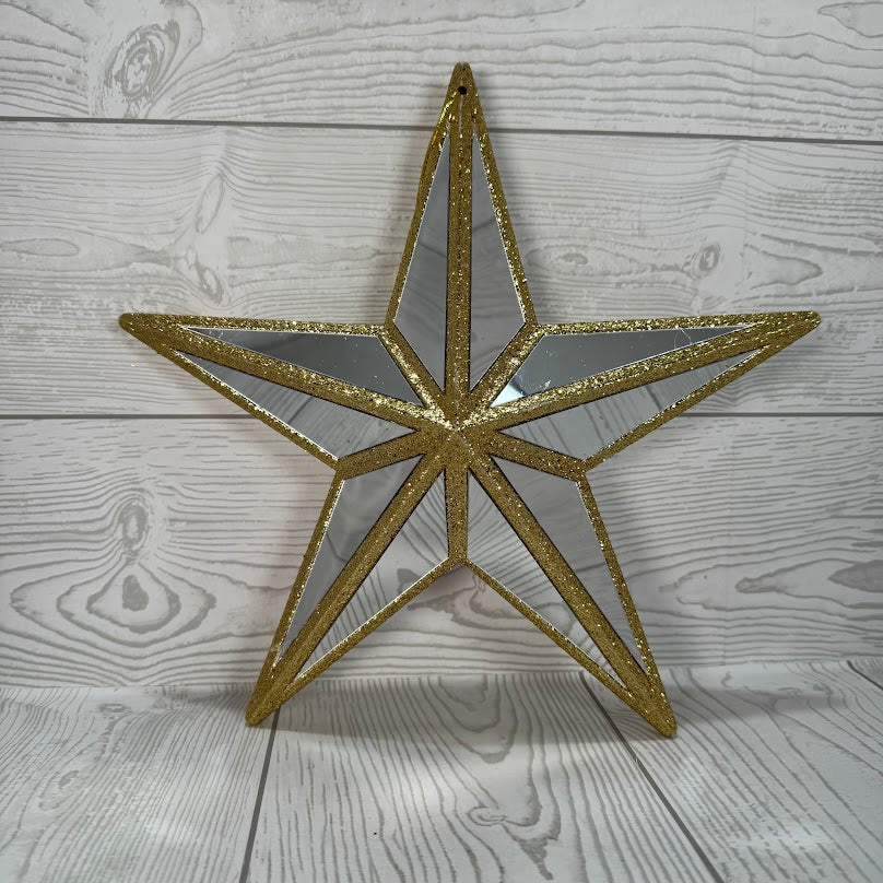 PLASTIC MIRROR STAR GLITTER ORNAMENT - GOLD 11x10.6x3" - DCORN5403GD