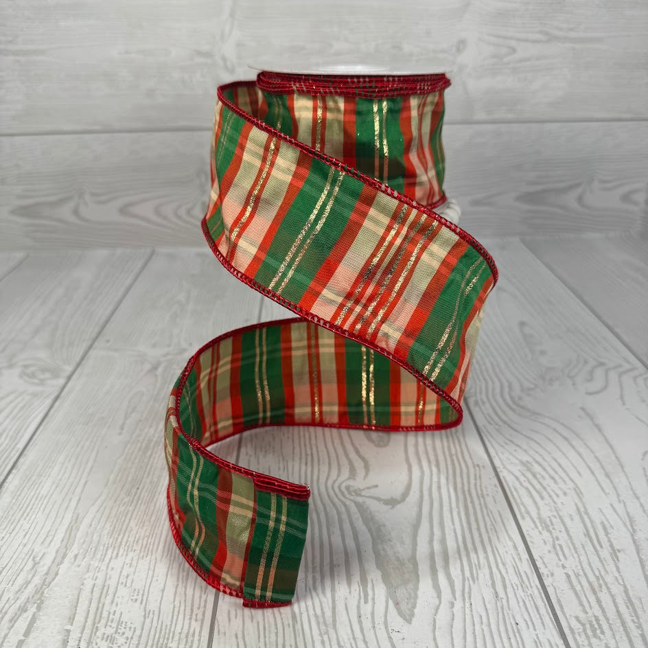 2.5"X10YD RED/GREEN WITH GOLD LINE PLAID RIBBON RED EDGE - DCR2A1725