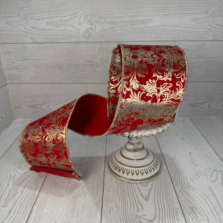 4"X10YD GOLD FOIL ACANTHUS PRINT WITH GLITTER ON RED VELVET RIBBON W/ RED BACK - RED/GOLD - DCR5974