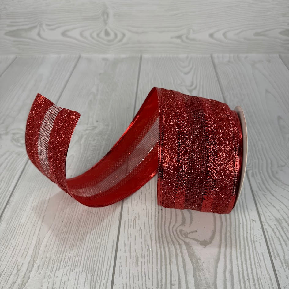 2.5"X10YD GLITTER EDGE RIBBON W/ MESH CENTER - RED - DCRC1142
