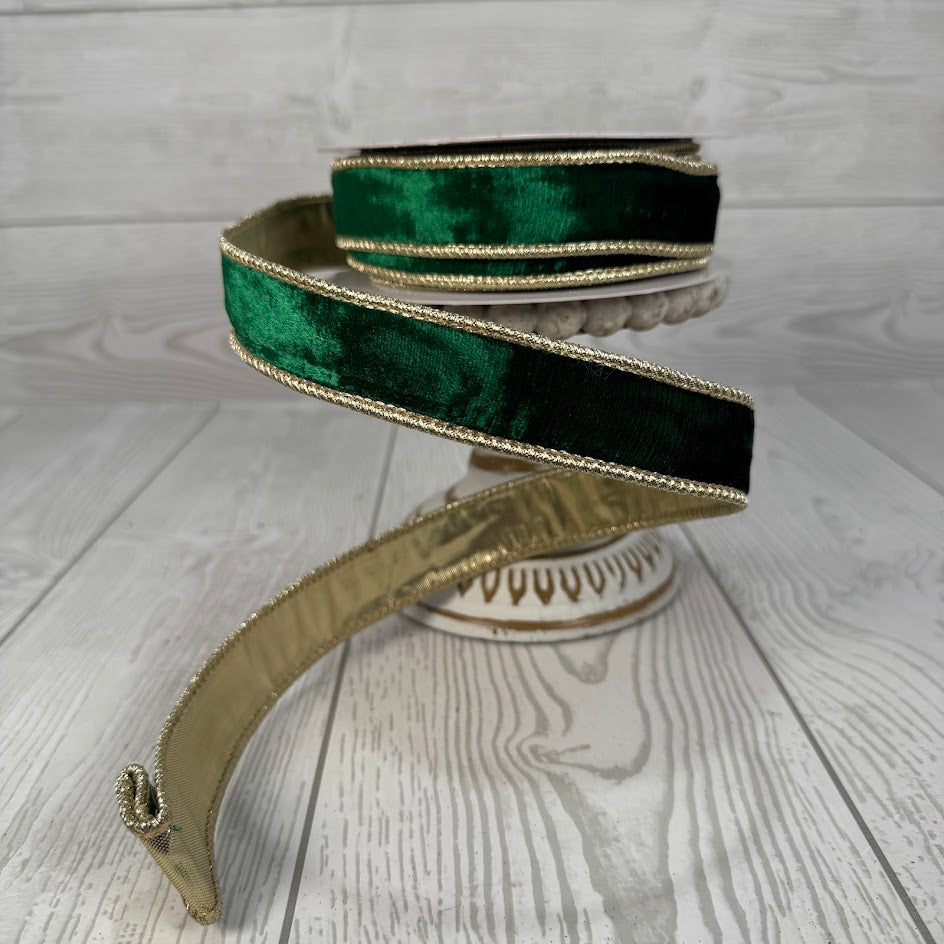 1"X10YD ENCHANTING EMERALD PLUSH VELVET ROBBON W/GOLD BACK - DCR6240