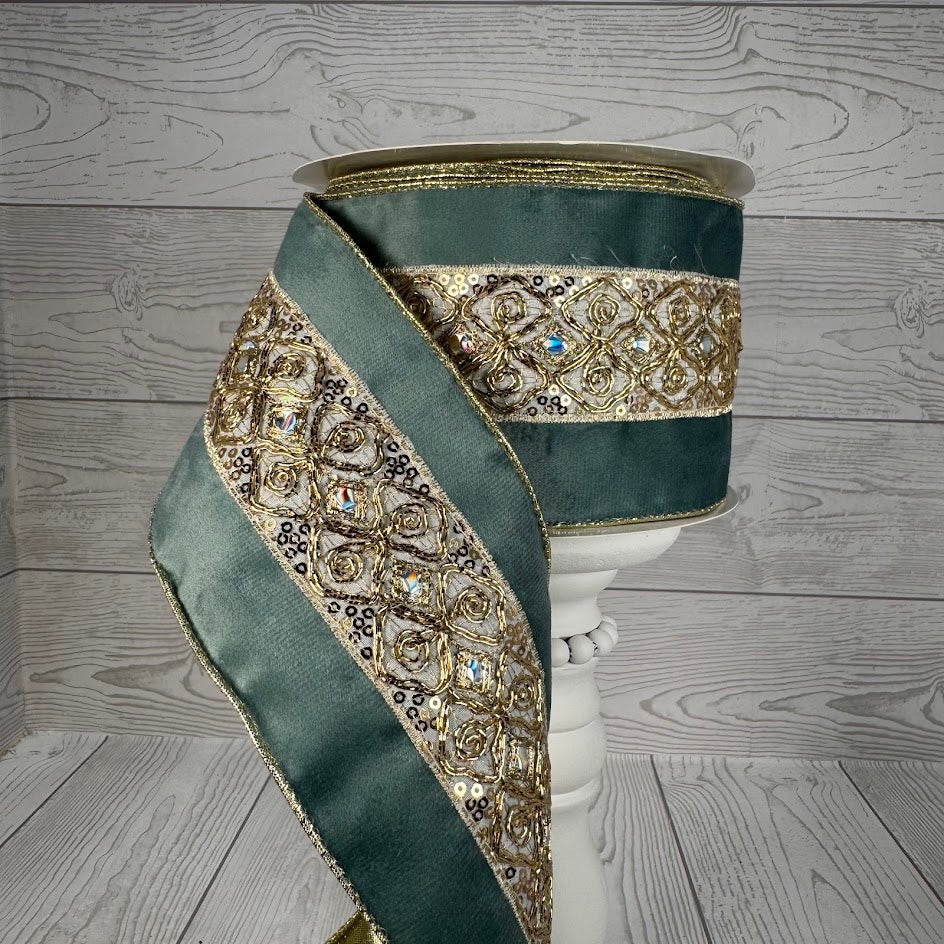 4"X10YD EMBOSSED GOLD TRIM ON SOFT AQUA RIBBON - DCRC1066
