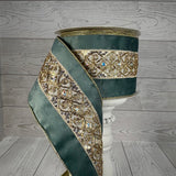 4"X10YD EMBOSSED GOLD TRIM ON SOFT AQUA RIBBON - DCRC1066