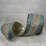 4"X10YD EMBOSSED GOLD TRIM ON SOFT AQUA RIBBON - DCRC1066