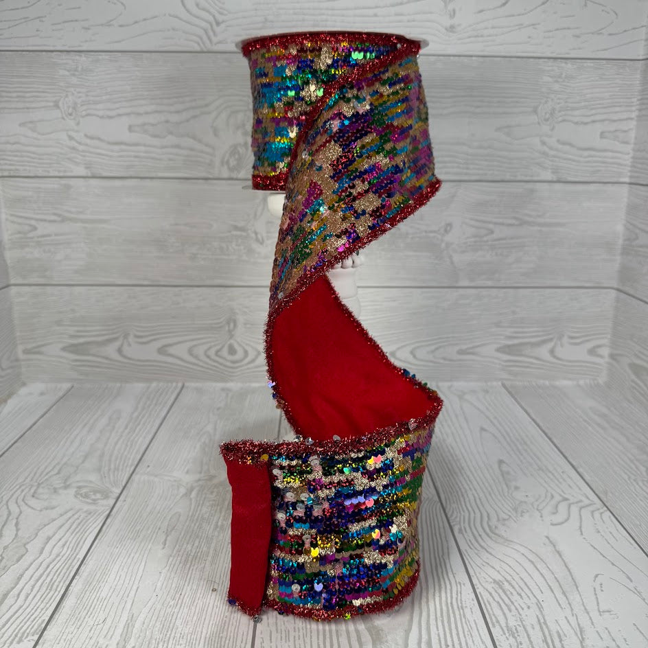 4"X10YD MULTI COLOR SEQUIN RIBBON WITH RED BACK - DCR5705