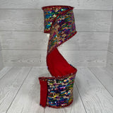 4"X10YD MULTI COLOR SEQUIN RIBBON WITH RED BACK - DCR5705