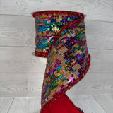 4"X10YD MULTI COLOR SEQUIN RIBBON WITH RED BACK - DCR5705