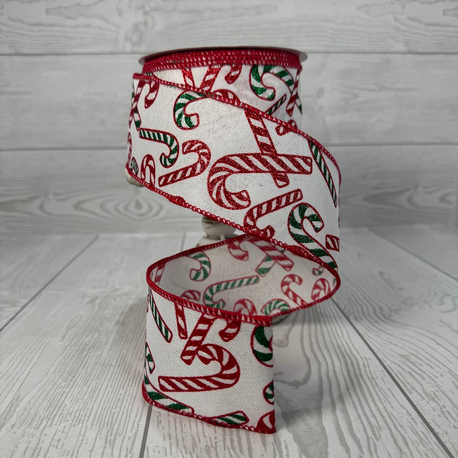 2.5"X10YD CANDY CANES FALL WHITE FAUX LINEN RIBBON - WHITE/RED/GREEN - DC23733