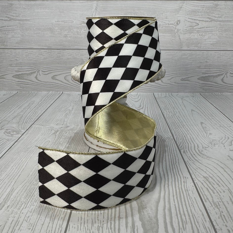 2.5"X10YD SOFT FABRIC HARLEQUIN PRINT W/GOLD EDGE AND BACK - DDCRC1055